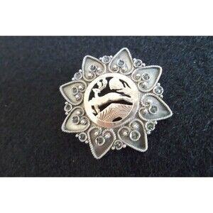 Victorian Sterling Gold Leaping Stag Deer Marcasite Brooch Pin 1.5"